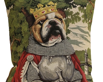 Medieval Bulldog Tapestry Throw Pillow Cover - Funny Belgian Woven Cushion Case Couch 18x18 inch
