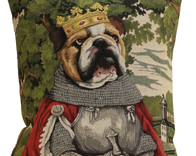 Medieval Bulldog Tapestry Throw Pillow Cover - Funny Belgian Woven Cushion Case Couch 18x18 inch