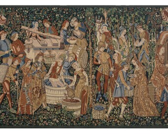 Vendages Rust European Wall Tapestry - Gobelin Woven Wall Art - Medieval Décor Art - Black Millefleurs Background Wall Hanging