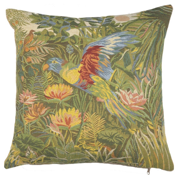 Tropical Parrot Tapestry Cushion Cover 18x18 inch - Belgian Woven Floral Bird Throw Pillow Case