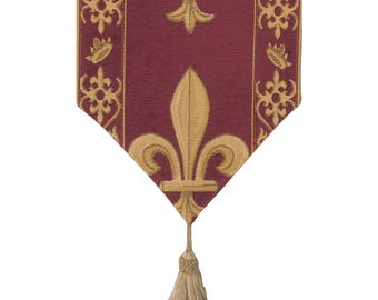 Fleur de Lys Tapestry Table Runner: Elegant Red Gold French Jacquard 12x38 Inch Medieval Decor