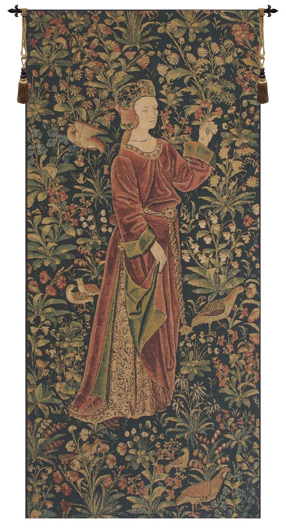 Millefleurs Tapestry: Medieval Lady and Floral Wall Hanging