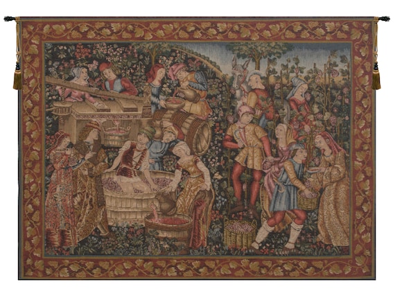 Medieval French Wine Harvest Tapestry - Millefleurs European Wall Hanging - Woven Jacquard Art Decor