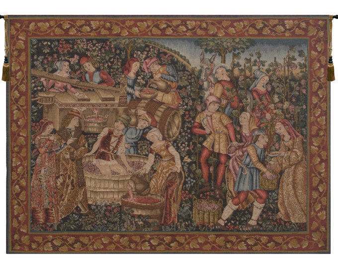Medieval French Wine Harvest Tapestry - Millefleurs European Wall Hanging - Woven Jacquard Art Decor