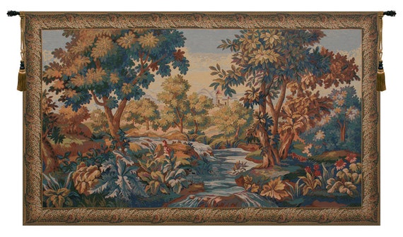 Verdure Aubusson Tapestry: Tree and Lake Belgian Wall Hanging
