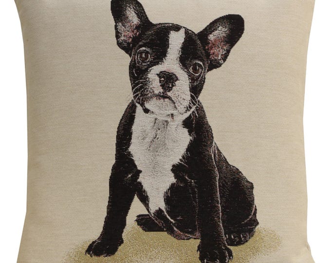 Elegant Boston Terrier Tapestry Cushion Cover - 18x18 Inch Belgian Woven Decorative Pillow for Couch