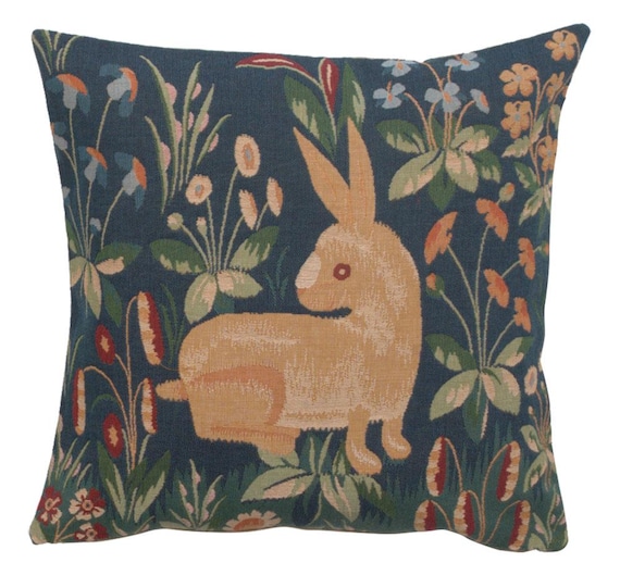 Woven Rabbit Tapestry Pillow Cover: Blue Floral Cotton Cushion (14x14 inch)