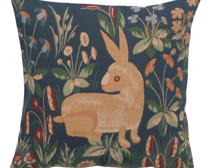 Woven Rabbit Tapestry Pillow Cover: Blue Floral Cotton Cushion (14x14 inch)