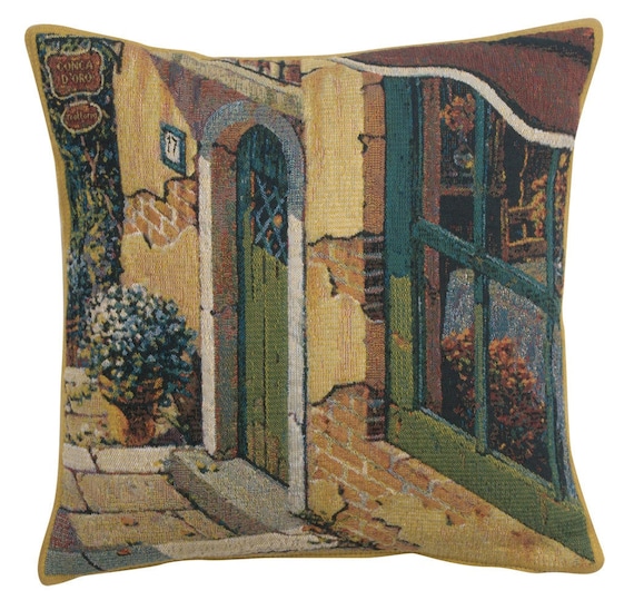 Bellagio Village Door Tapestry Cushion Cover Woven Belgian Pillow Cover  17x17 Inch Jacquard Decorative Sofa Cushion Cover 