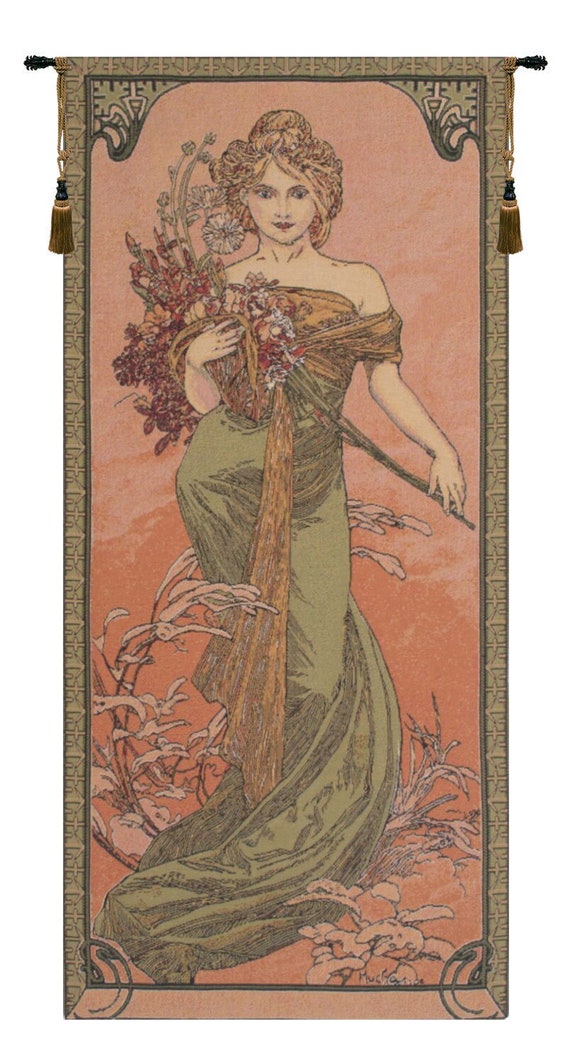 Mucha Spring Woven Wall Tapestry: Art Nouveau European Decor