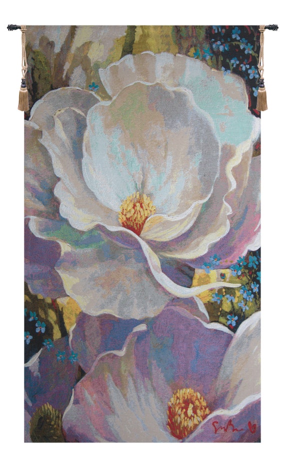 Simon Bull Floral Tapestry Wall Hanging: 'Evening Song' Belgian Woven Art (66x37 inch)