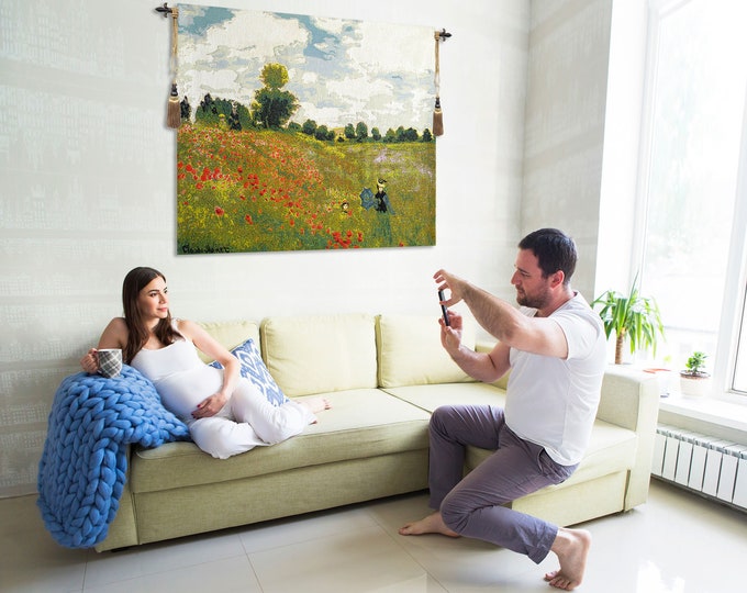 Monet's Poppies European Tapestry - Floral Landscape Wall Hanging - Belgian Woven Art Decor