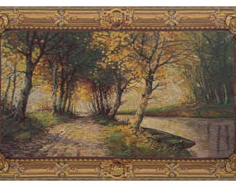 Autumn Landscape Tapestry: Belgian Woven Lake Wall Art (60x99 inch)