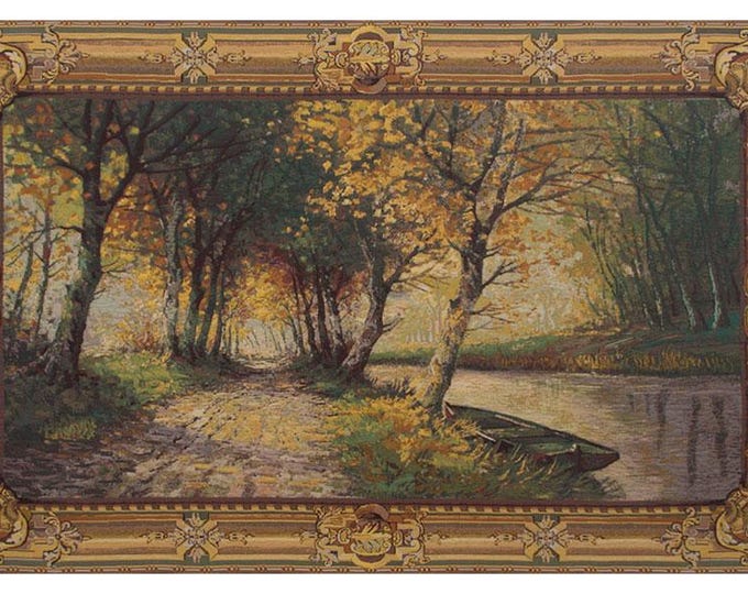 Autumn Landscape Tapestry: Belgian Woven Lake Wall Art (60x99 inch)