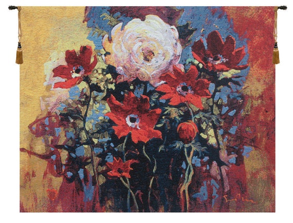 Simon Bull 'Bouquet' Tapestry: Colorful Floral Woven Wall Art (29x36 inch)