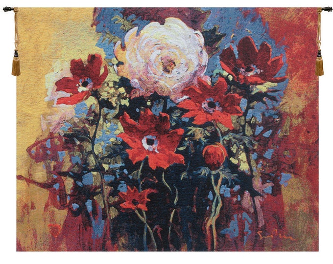 Simon Bull 'Bouquet' Tapestry: Colorful Floral Woven Wall Art (29x36 inch)