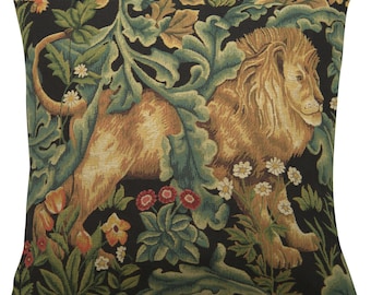 William Morris Black Forest Lion Tapestry Pillow Cover 18x18 inch - Belgian Jacquard Woven Arts and Crafts Decorative Cushion Cover