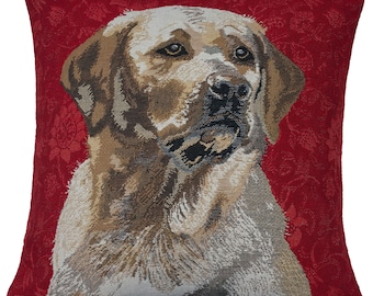 Labrador in Red Belgian Tapestry Cushion Cover 16x16 inch inch | Jacquard Woven | Yellow Labrador Retriever on Red Background