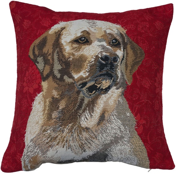 Yellow Labrador Tapestry Cushion Cover: Belgian Jacquard Woven Pillow (16x16 inch)