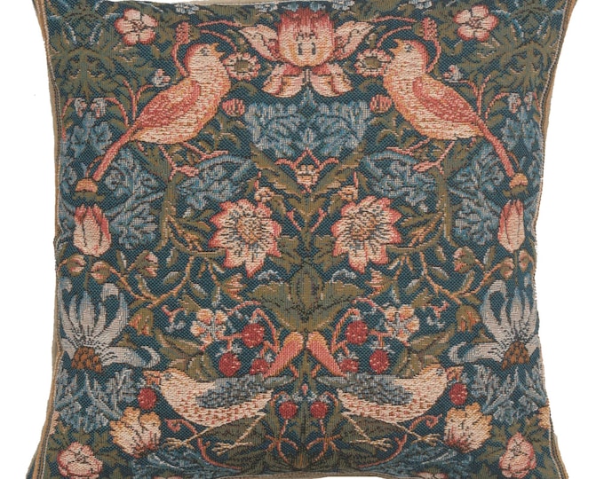 William Morris Tapestry Throw Pillow Cushion Cover: Birds & Floral Art, 14x14 inch