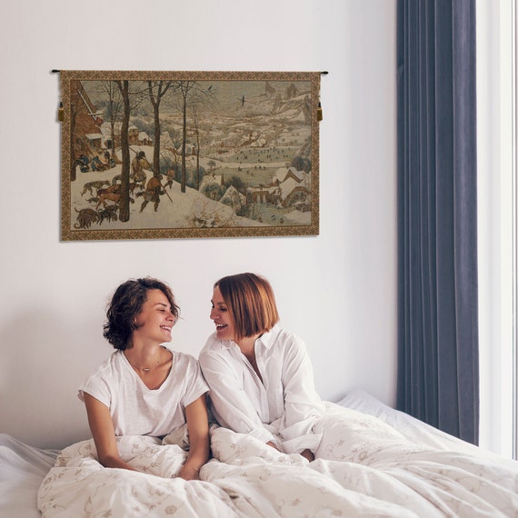 Hunting in the Snow Tapestry: Italian Jacquard Woven Wall Art (24x42 inch)