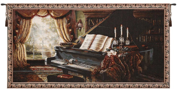 Piano by Candlelight Woven Wall Tapestry: Elegant Music Room Decor