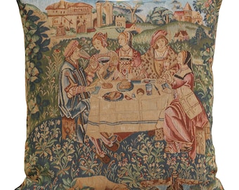 French Tapestry Cushion Cover: Medieval Feast Jacquard Pillow (19x19 inch)