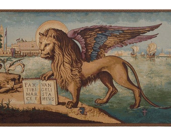 Lion Arrives in Venice European Wall Tapestry - Animals Lover Wall Decor Art - Woven Italian Wall Tapestry - Griffin Wall Hanging