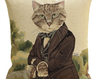 Belgian Woven Cat Art Cushion Cover - 18x18 inch Herbert Tapestry Pillow for Animal Lovers