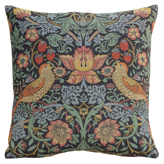 William Morris Strawberry Thief Pillow Cover: Belgian Tapestry Cushion (18x18 inch)
