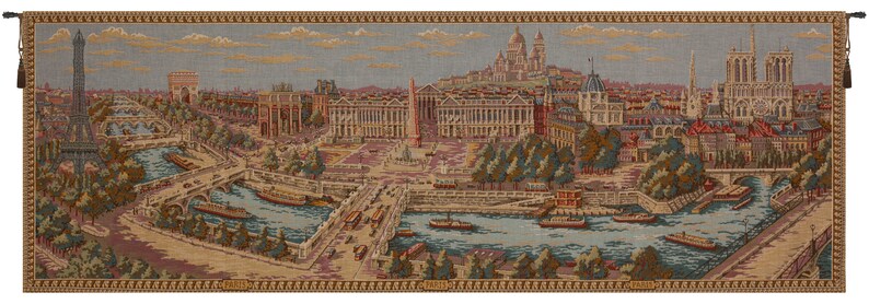 A tapestry featuring a panoramic view of the city of Paris. The colors are muted blues, browns, pinks, and beige.