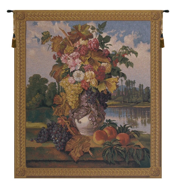 Floral Fruit Jacquard Tapestry: European Woven Wall Hanging (44x38 inch)