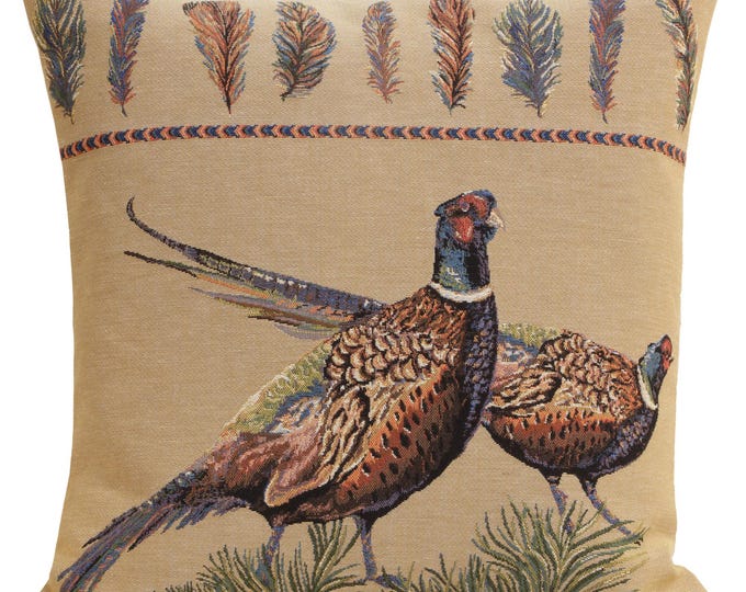 Pheasants Tapestry Pillow Cover: Belgian Woven Cotton Cushion (18x18 inch)