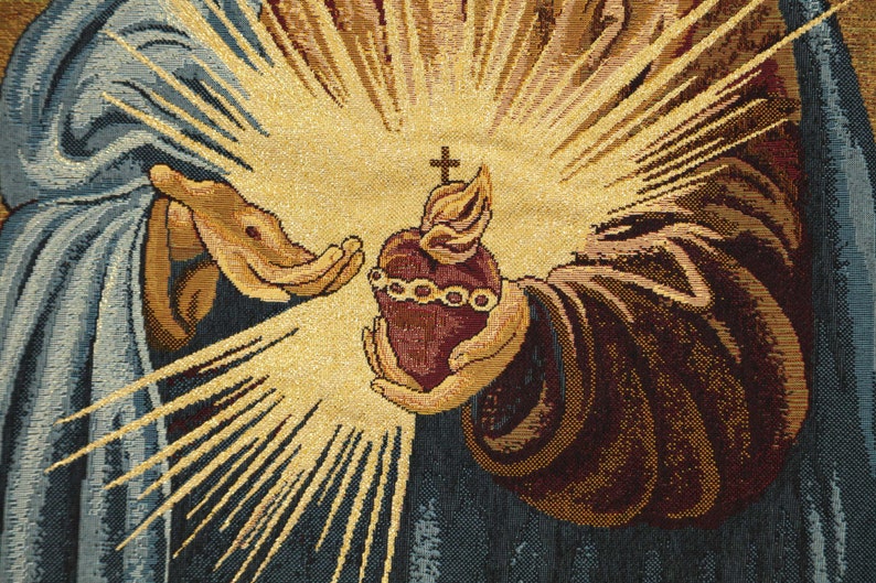 Tapiz italiano del Sagrado Corazón - Arte religioso de pared con Jesús y la Virgen María imagen 3