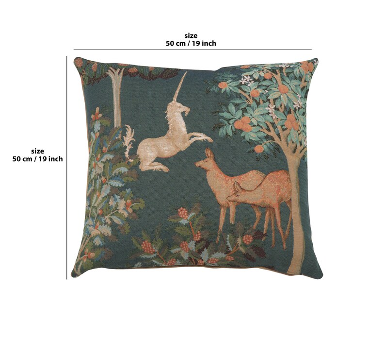Enchanting Unicorn Forest Tapestry Cushion Cover - French Woven Decorative Pillow Case 19x19 inch image 3