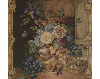 Fruit and Flowers European Wall Tapestry - Floral Bouquet Wall Decor Art - Decorative Italian Wall Tapestry - Jacquard Wall Hanging