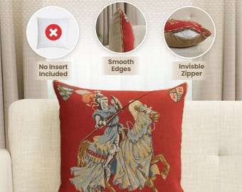 Belgian Woven Cotton Knight Tapestry Pillow Cover: 18x18 Blue Medieval Gobelin Cushion for Sofa