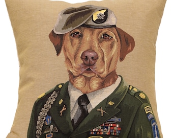 Belgian Jacquard Woven Dog Military Tapestry Cushion Cover 18x18 inch - Decorative Throw Pillow Case