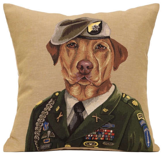 Belgian Jacquard Woven Dog Military Tapestry Cushion Cover 18x18 inch - Decorative Throw Pillow Case