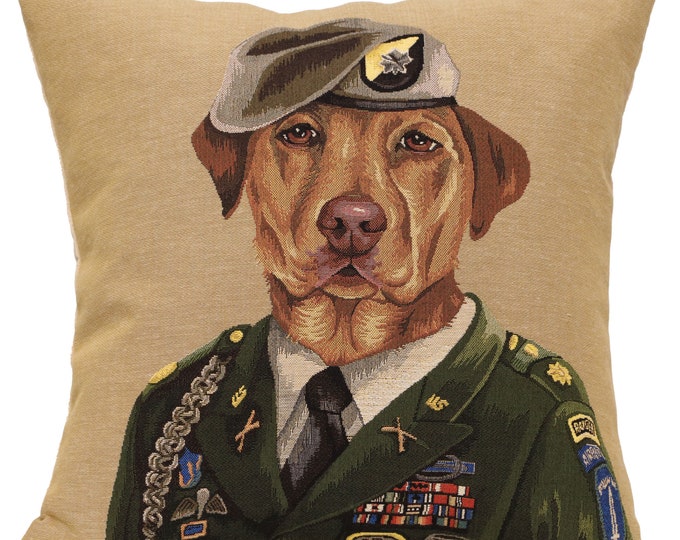Belgian Jacquard Woven Dog Military Tapestry Cushion Cover 18x18 inch - Decorative Throw Pillow Case