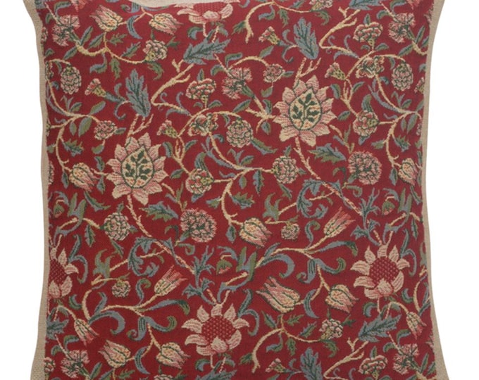 William Morris Floral Throw Pillow Cover Red Jacquard Tapestry Cushion Botanical Decor 16x16