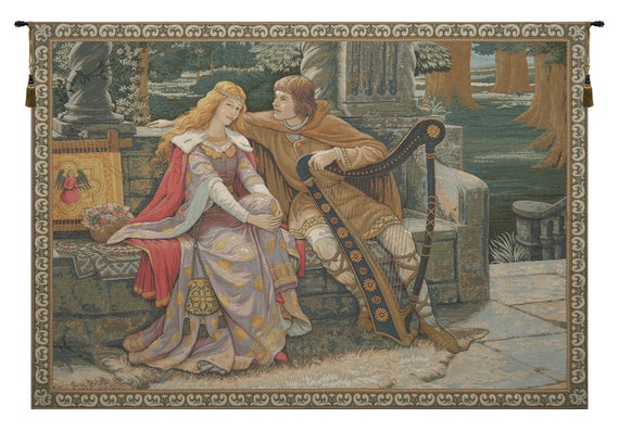 Tristan and Isolde Tapestry: Medieval Woven Wall Decor (27x35 inch)