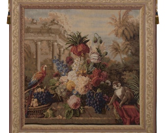 Bouquet Exotique with Monkey European Wall Tapestry - Woven Jacquard Wall Art- French Wall Tapestry - Floral Bouquet Decorative Wall Hanging