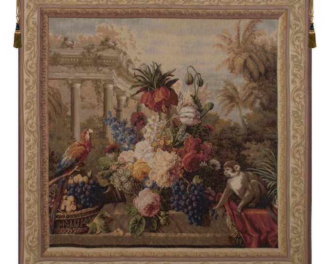 Exotic Monkey Floral Bouquet Tapestry - French Woven Wall Art Hanging Vintage European Home Decor