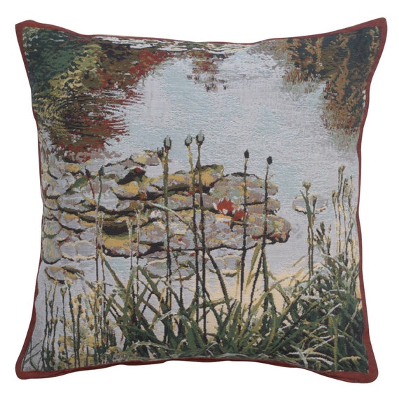 Monet's Garden Tapestry Cushion Cover: Belgian Woven Floral Pillow (17x17 inch)