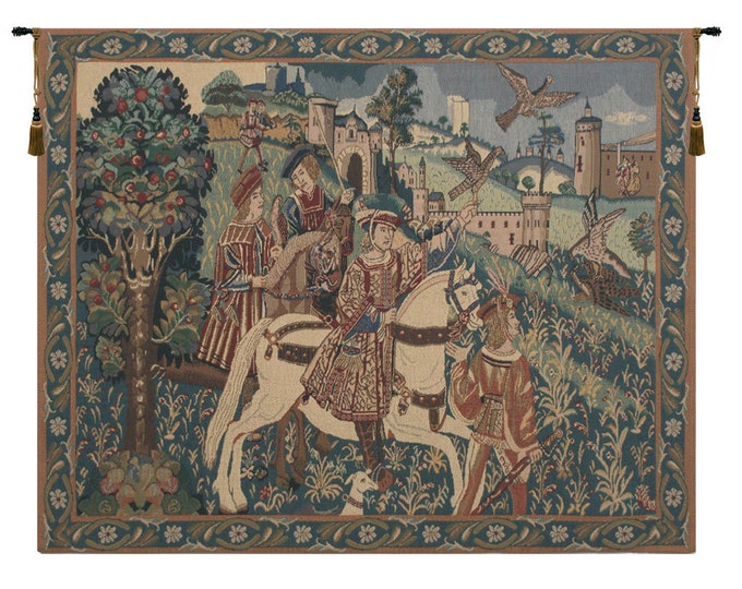 Falcon Hunt Tapestry: Medieval European Woven Wall Hanging