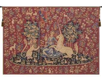 Sight Vue European Wall Tapestry - Millefleurs Background Wall Decor Art - Lady and Unicorn Wall Hanging - Woven Medieval Wall Tapestry