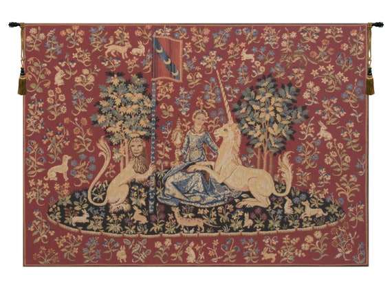 Lady and Unicorn Tapestry: Medieval Millefleurs Woven Wall Hanging