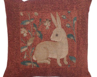 Sitting Rabbit Red Tapestry Cushion Cover 14x14 inch - Medieval Decorative Pillow Case - Jacquard Woven Throw Pillow for Home Decor
