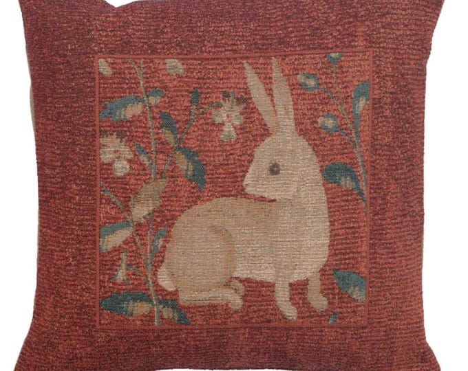 Sitting Rabbit Red Tapestry Cushion Cover 14x14 inch - Medieval Decorative Pillow Case - Jacquard Woven Throw Pillow for Home Decor